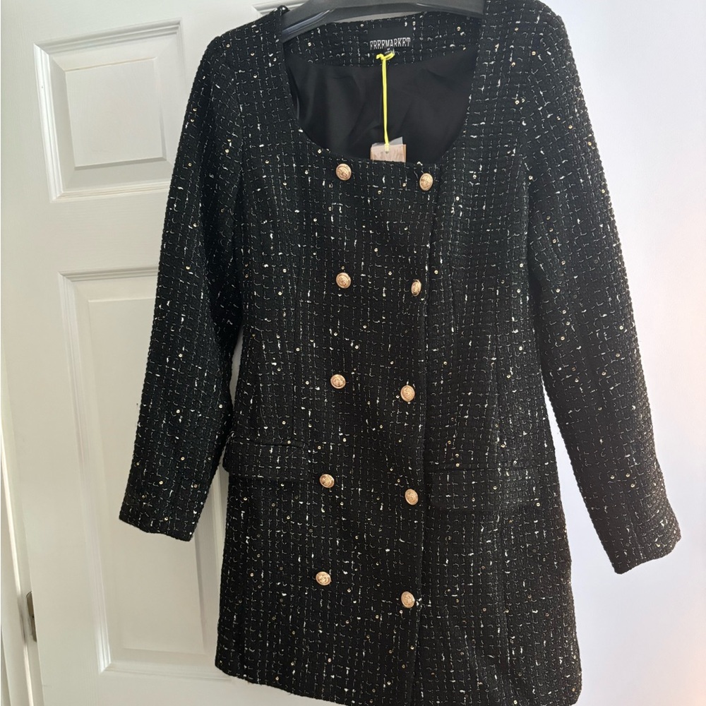 Elegant Black Tweed Double-Breasted Coat